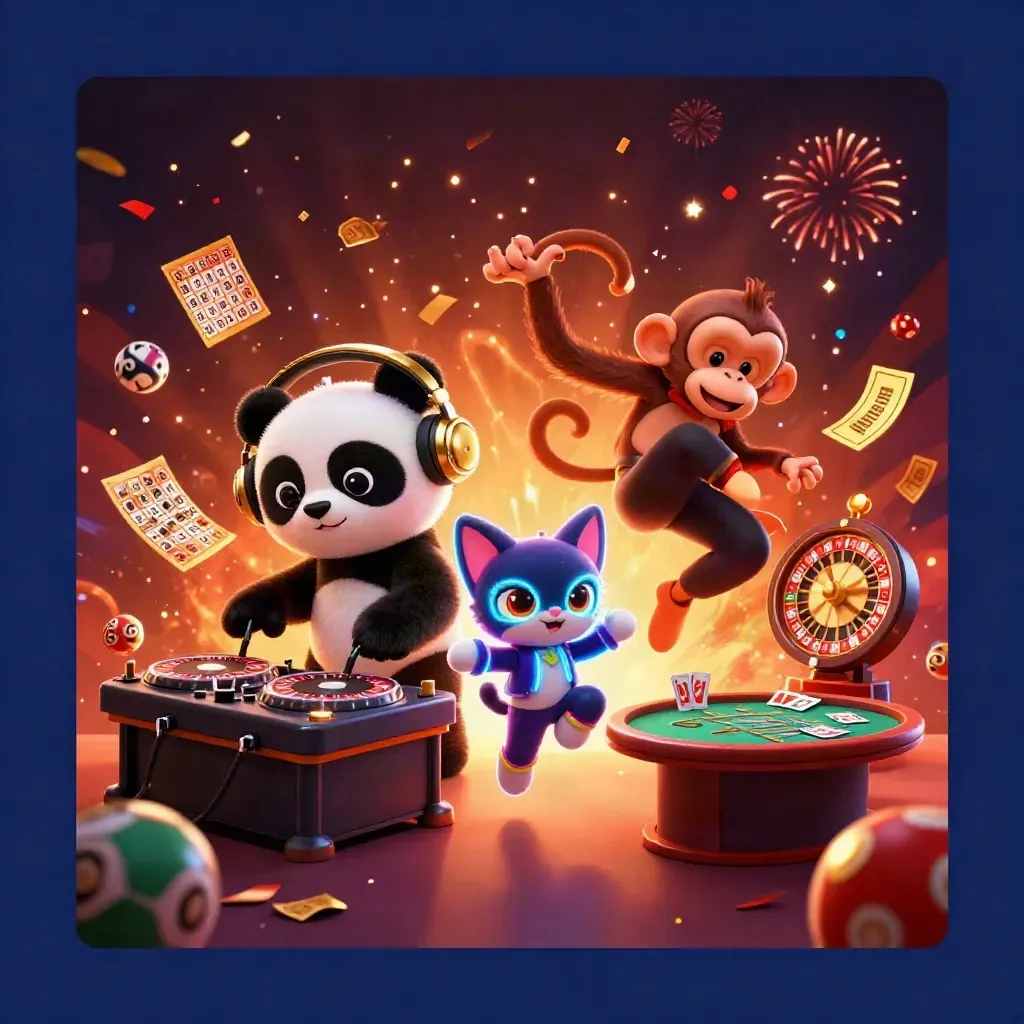 Panda-DJ, dansande apa och glow-stick-katt bland casinoljus och jackpotkaos