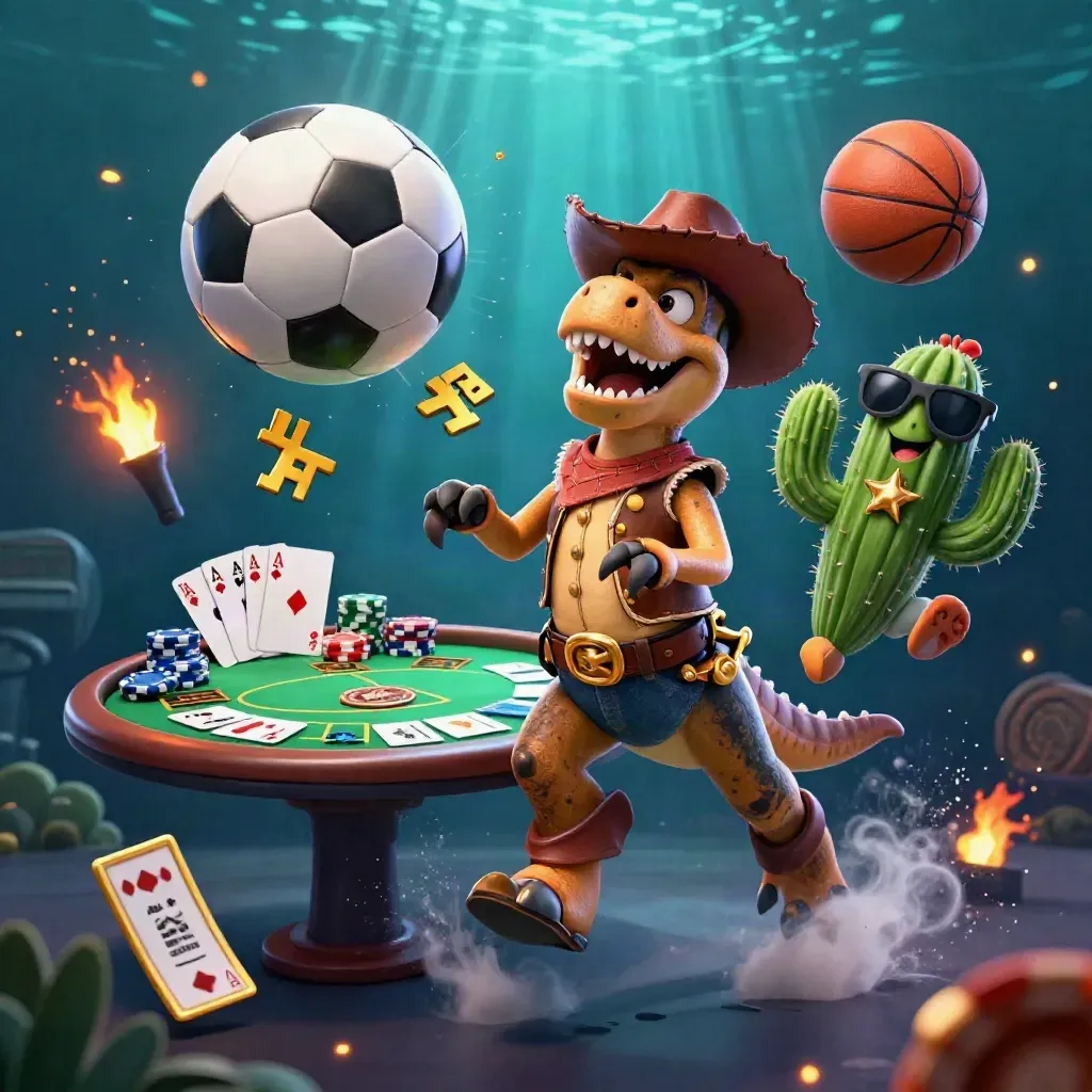 Cowboy-T-Rex, kaktus och väglöpare bland pokerchips, boll och neonljus.