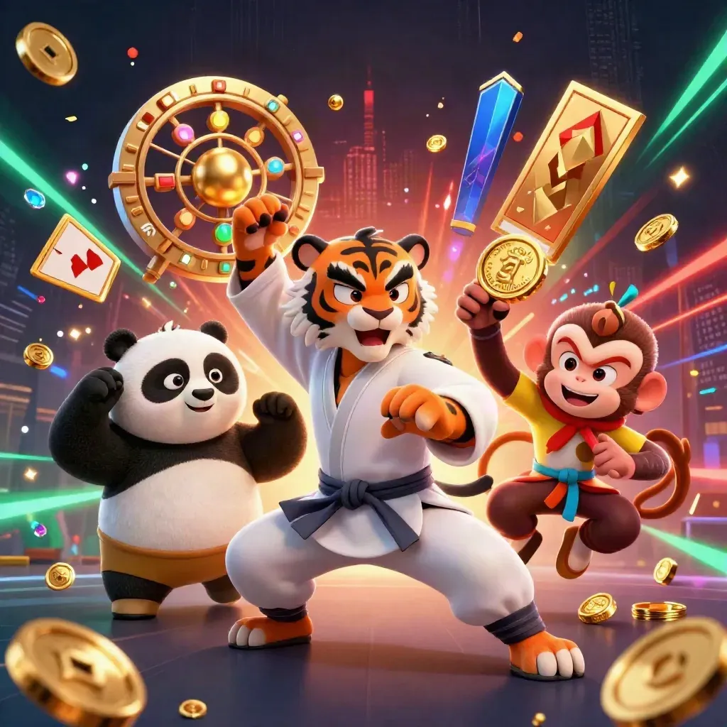 Tigermästare, panda och apa i kungfu bland guldmynt, juveler och casinoeffekter.