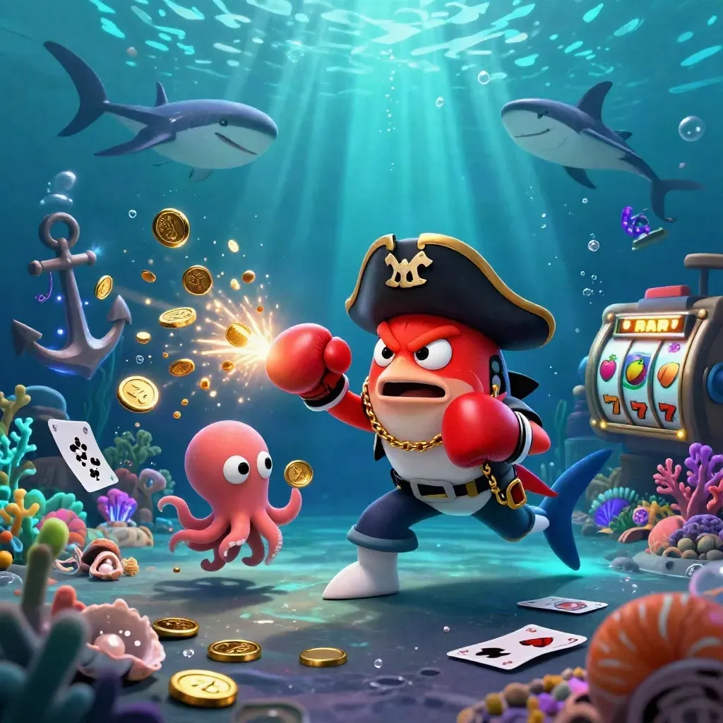 Piratshaj, röd blåsfisk och babybläckfisk bland guldmynt, koraller och undervattensglöd.