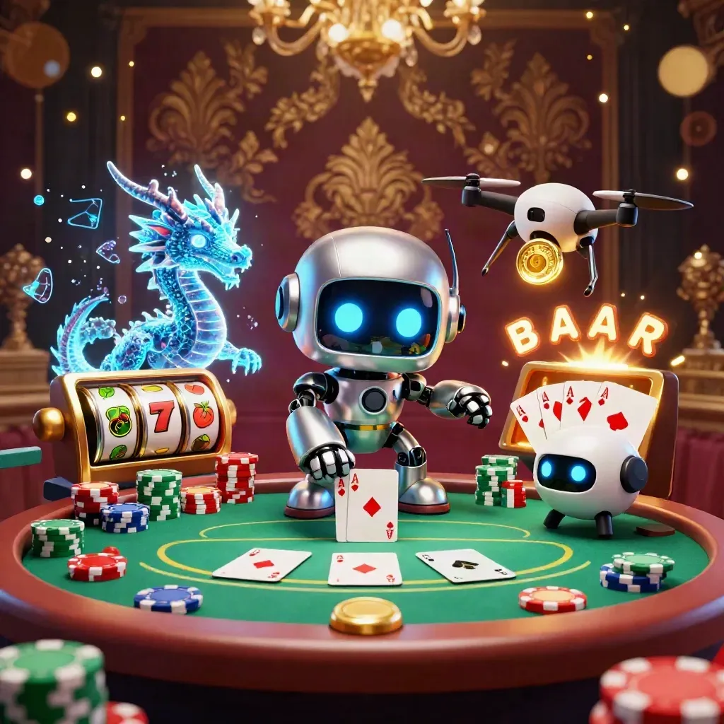 Cyberpunkrobot, holografisk drake och drönare vid pokerspel i gyllene neon.