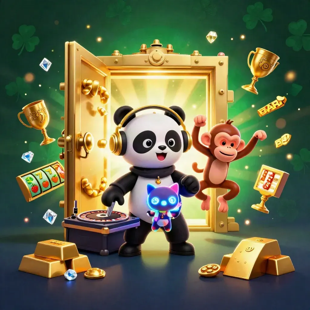Panda-DJ, dansande apa och glow-stick-katt framför ett öppet guldkassavalv i neon