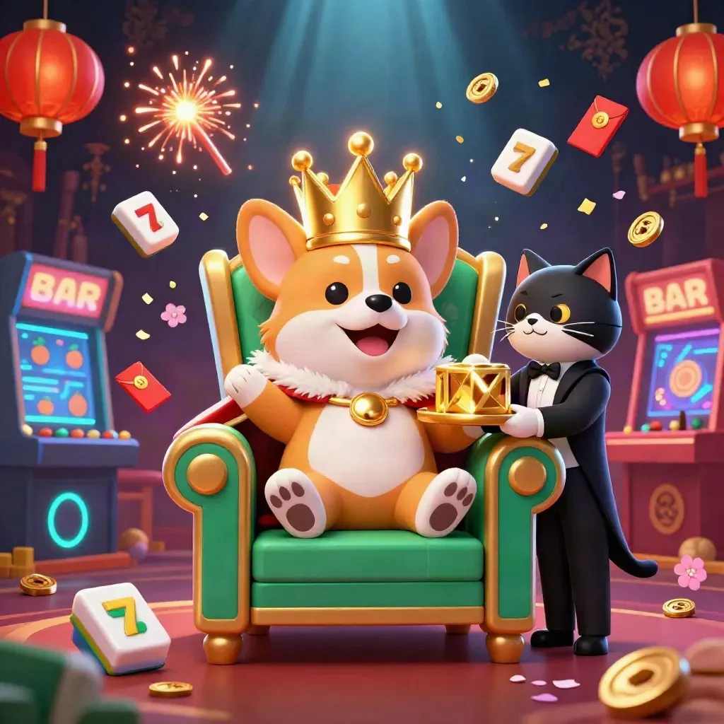 Kunglig corgi och kattbutler bland spelkulor, lyktor och jackpot-glöd i lyxig neon.